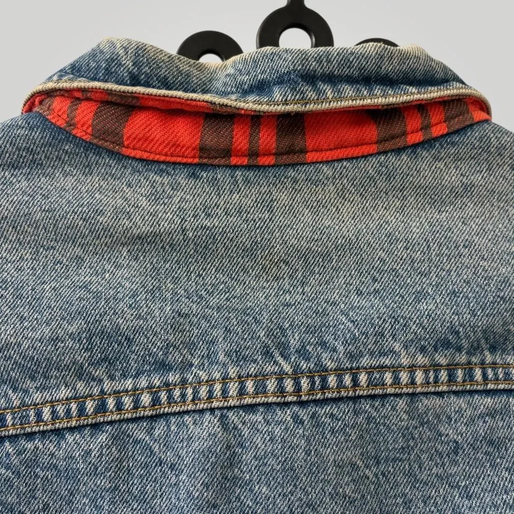 Vintage 90s Levi's Denim Jacket XL Made in USA Gold Miner Red Flannel Lined